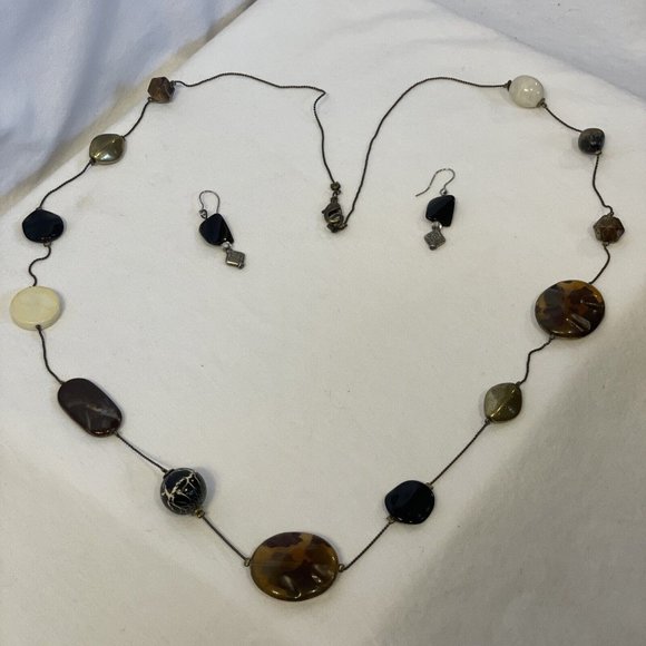 Exotic Stone, Glass and Metal Bead Necklace With Complimenting Earings 37" Long - Picture 2 of 10